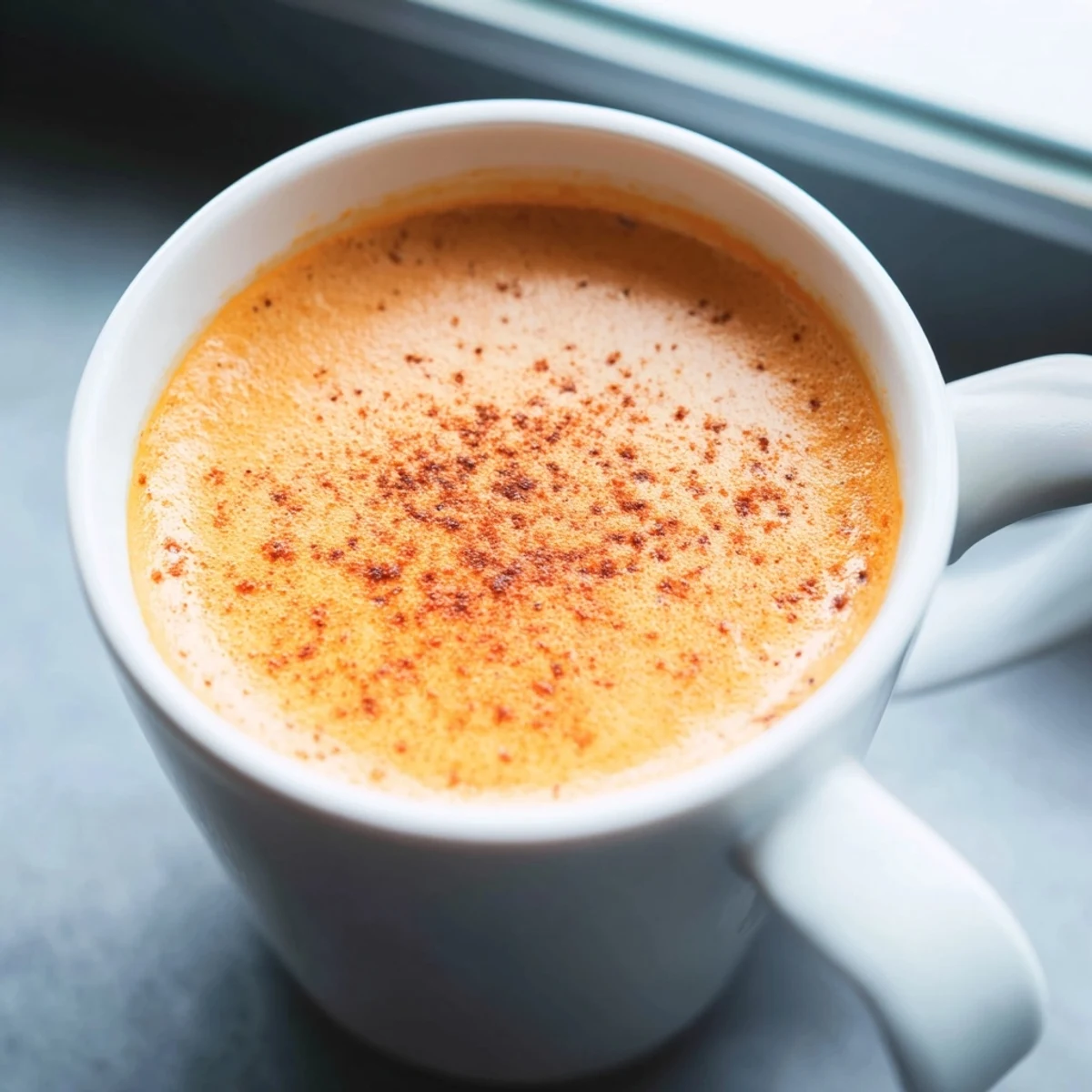 Rich Korean sweet potato latte blended smooth and poured into two ceramic mugs