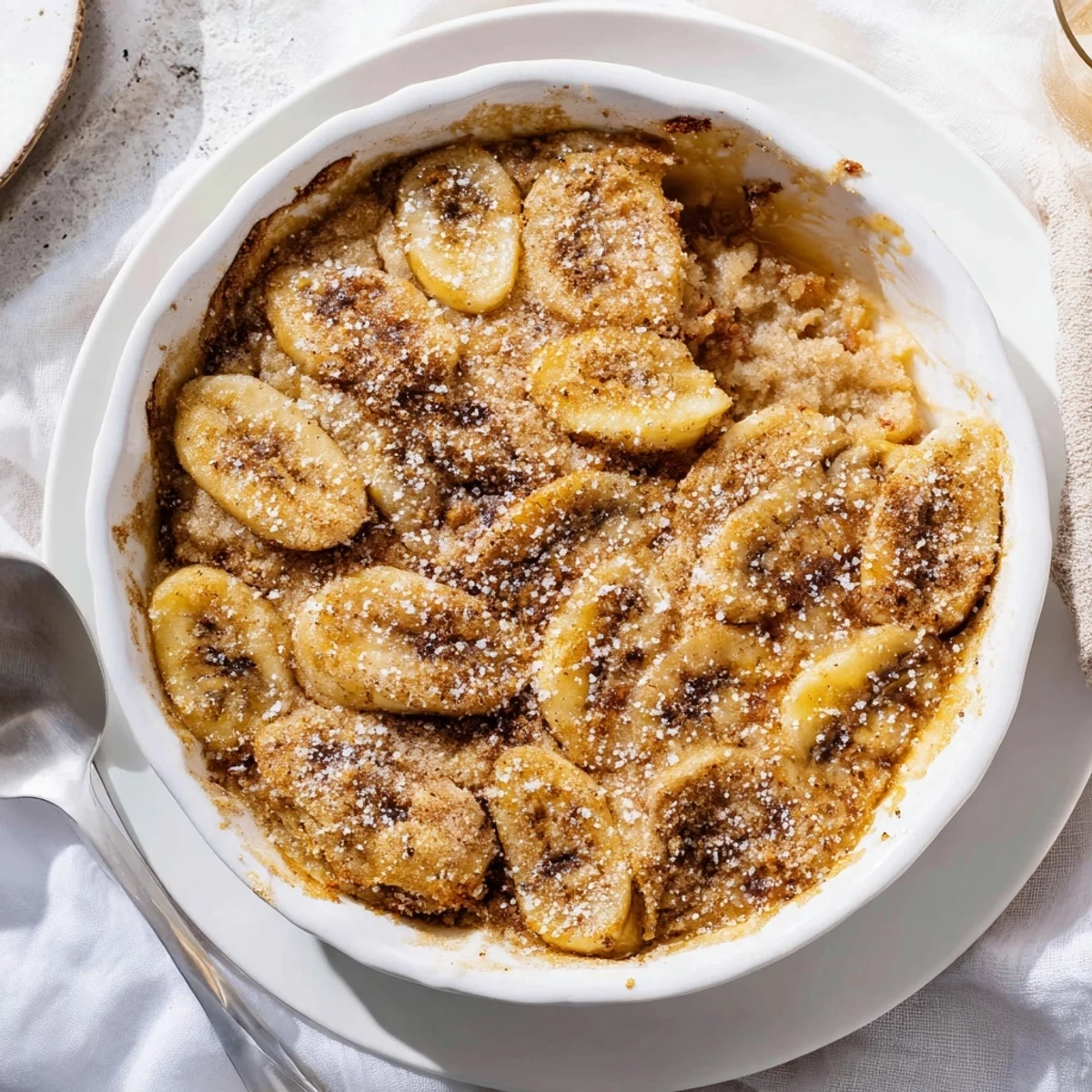 Golden Southern banana cobbler bubbling with cinnamon-spiced fruit under a buttery topping