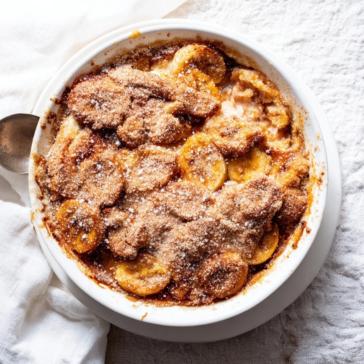 Warm Southern banana cobbler served in a dish with a scoop of vanilla ice cream