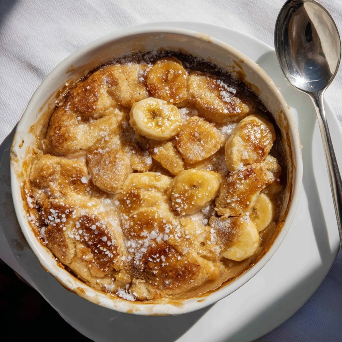 Ripe banana slices nestled beneath a golden-brown crust in this Southern banana cobbler