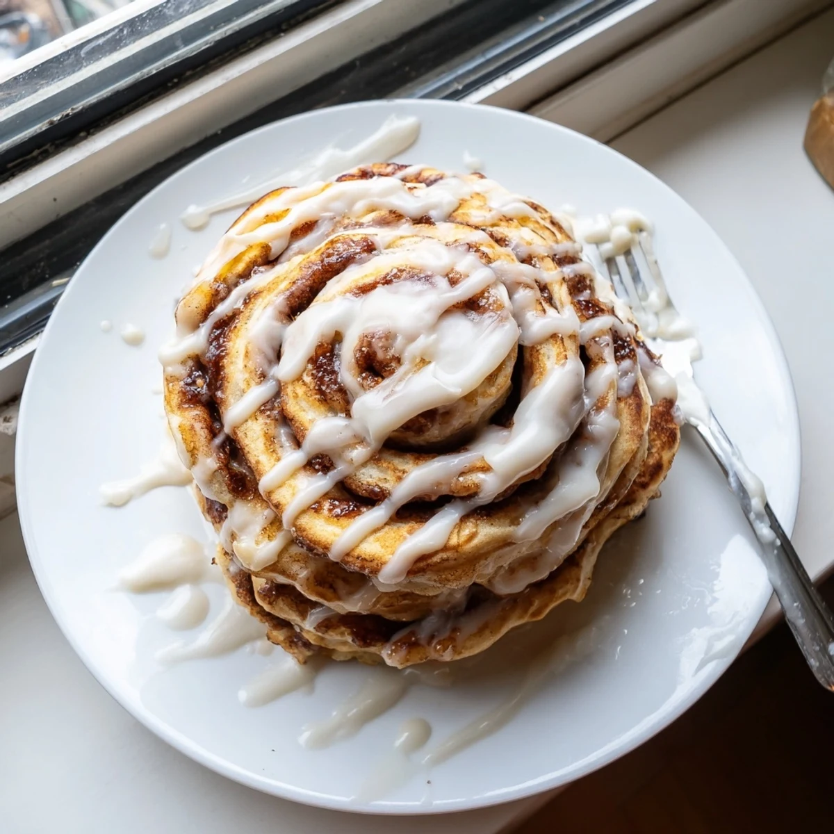 Golden cinnamon roll pancakes drizzled with rich cream cheese icing on a plate