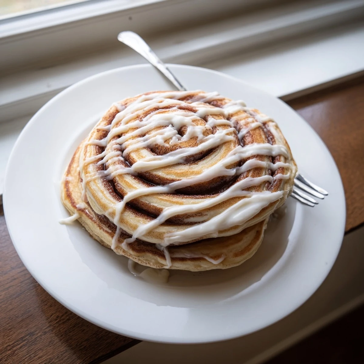Fluffy pancakes swirled with warm cinnamon sugar and topped with creamy glaze