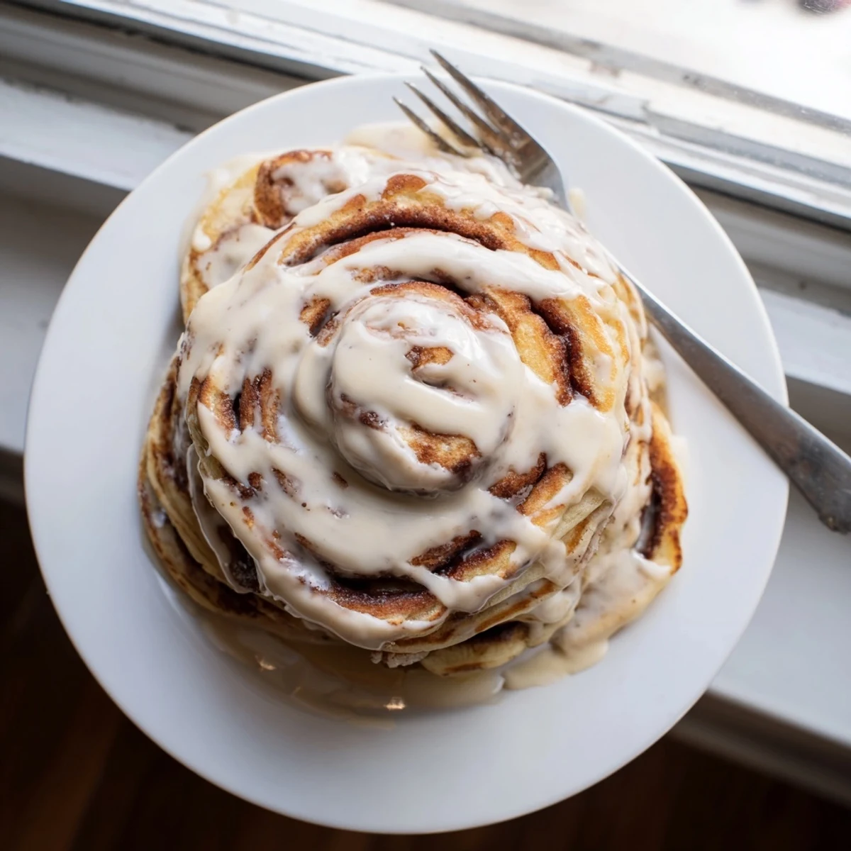 Stack of golden cinnamon roll pancakes with melted brown sugar swirl and icing