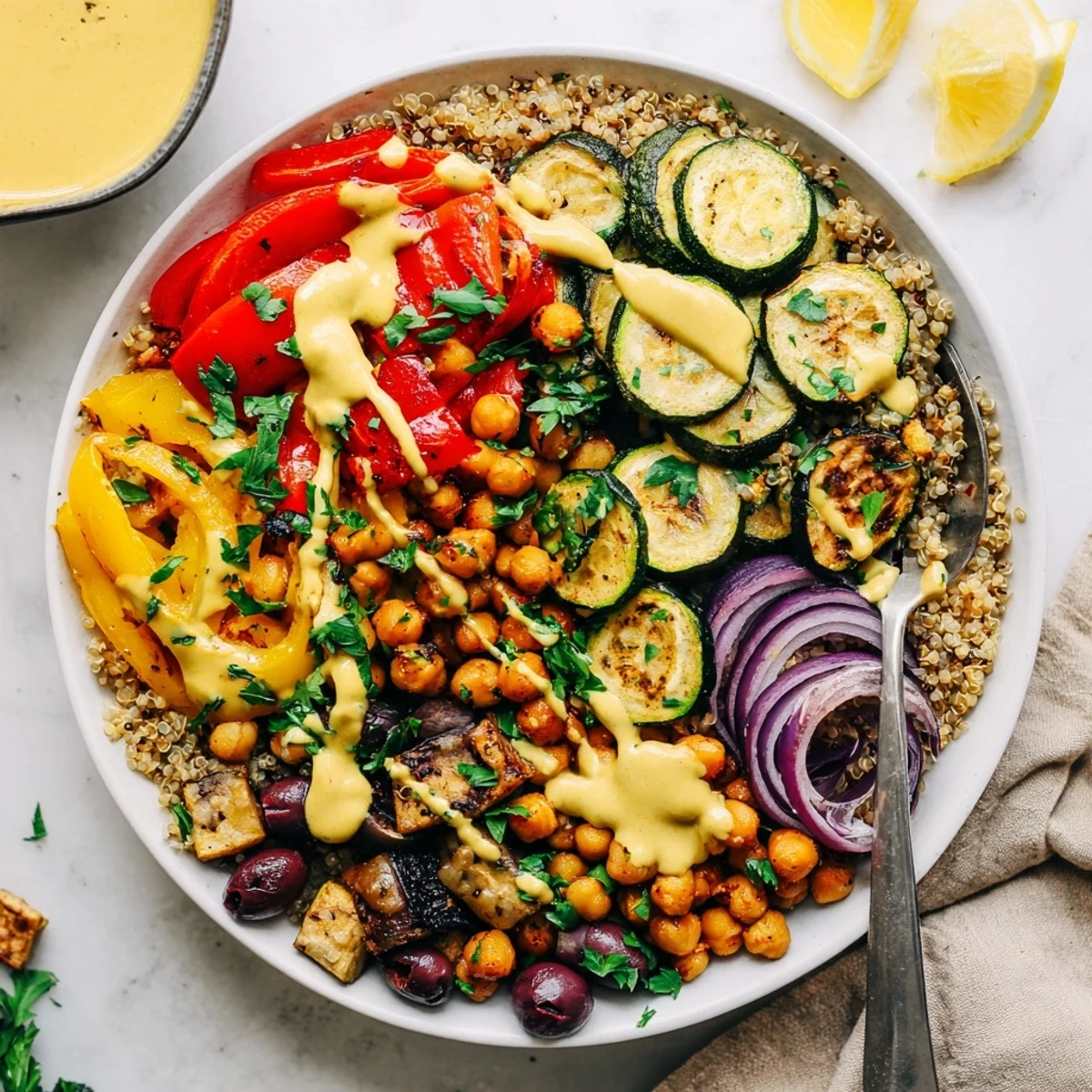 Golden roasted eggplant and peppers in a vegan Mediterranean roasted vegetables bowl drizzled with creamy tahini.
