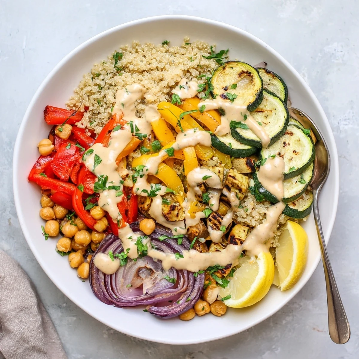 A cozy vegan Mediterranean roasted vegetables bowl garnished with fresh parsley, olives, and a golden tahini drizzle.