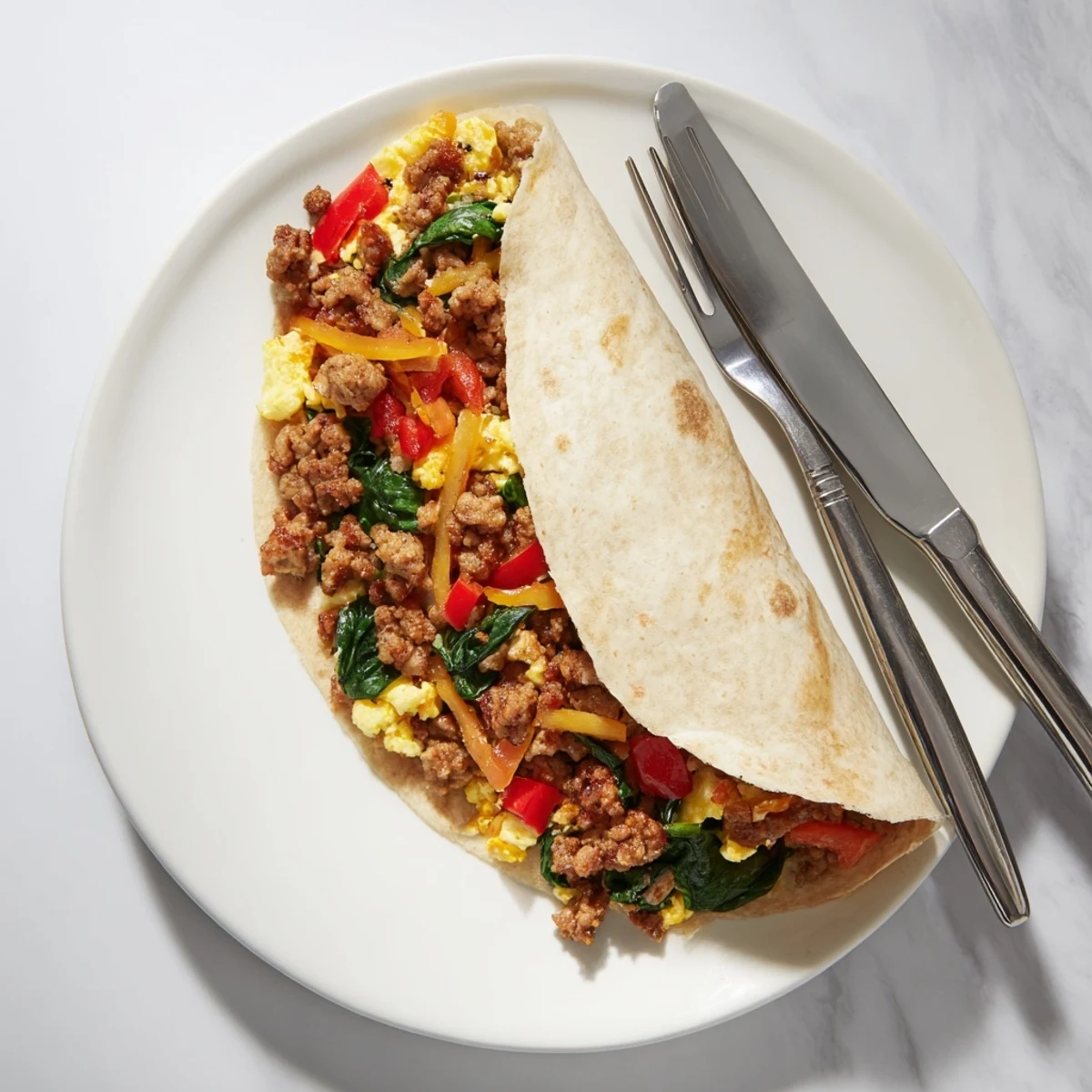 Warm freezer breakfast burritos filled with scrambled eggs, melted cheddar, and sausage