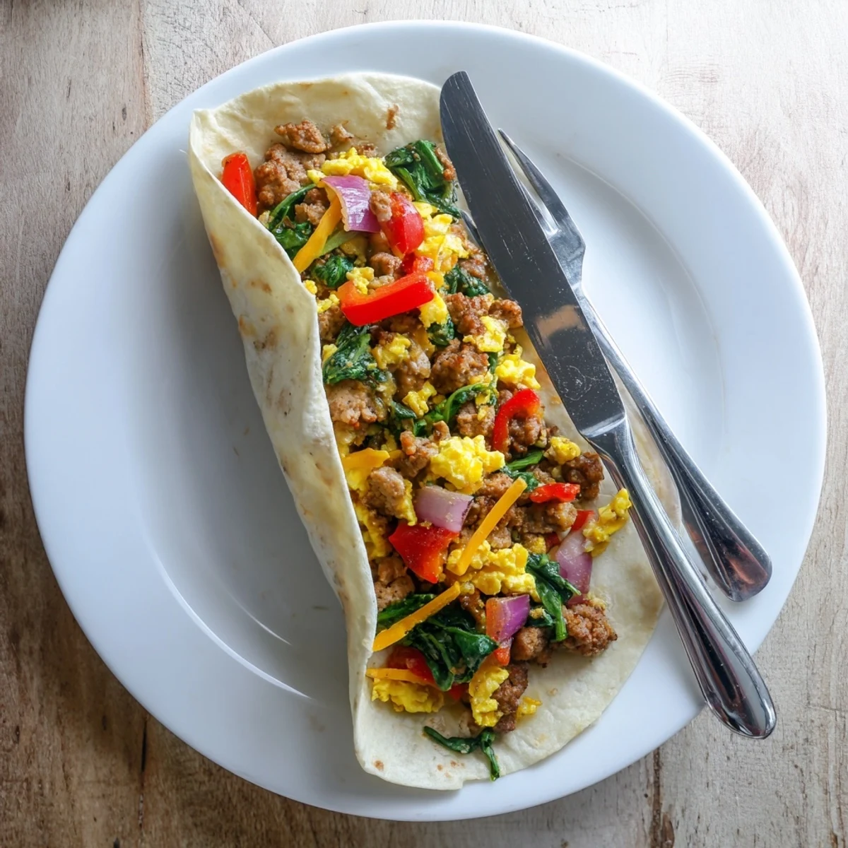 Sliced freezer breakfast burritos revealing cheesy egg and sausage filling inside