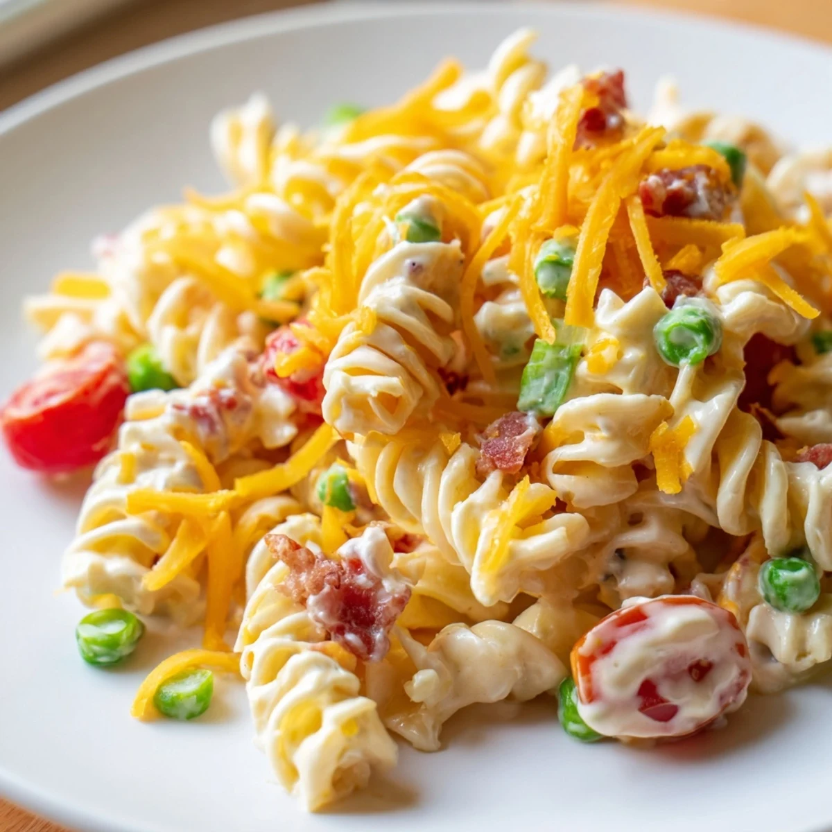 Colorful crack pasta salad mounded in a bowl with chunky veggies and crispy bacon bits