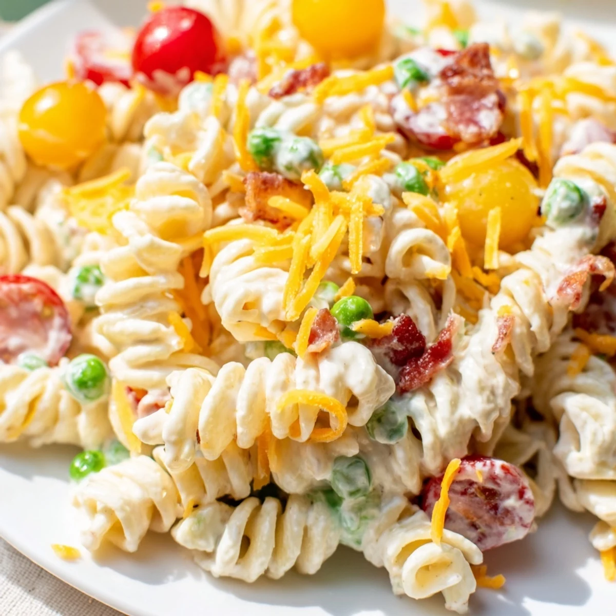 A generous scoop of crack pasta salad showing rotini tossed in rich ranch dressing