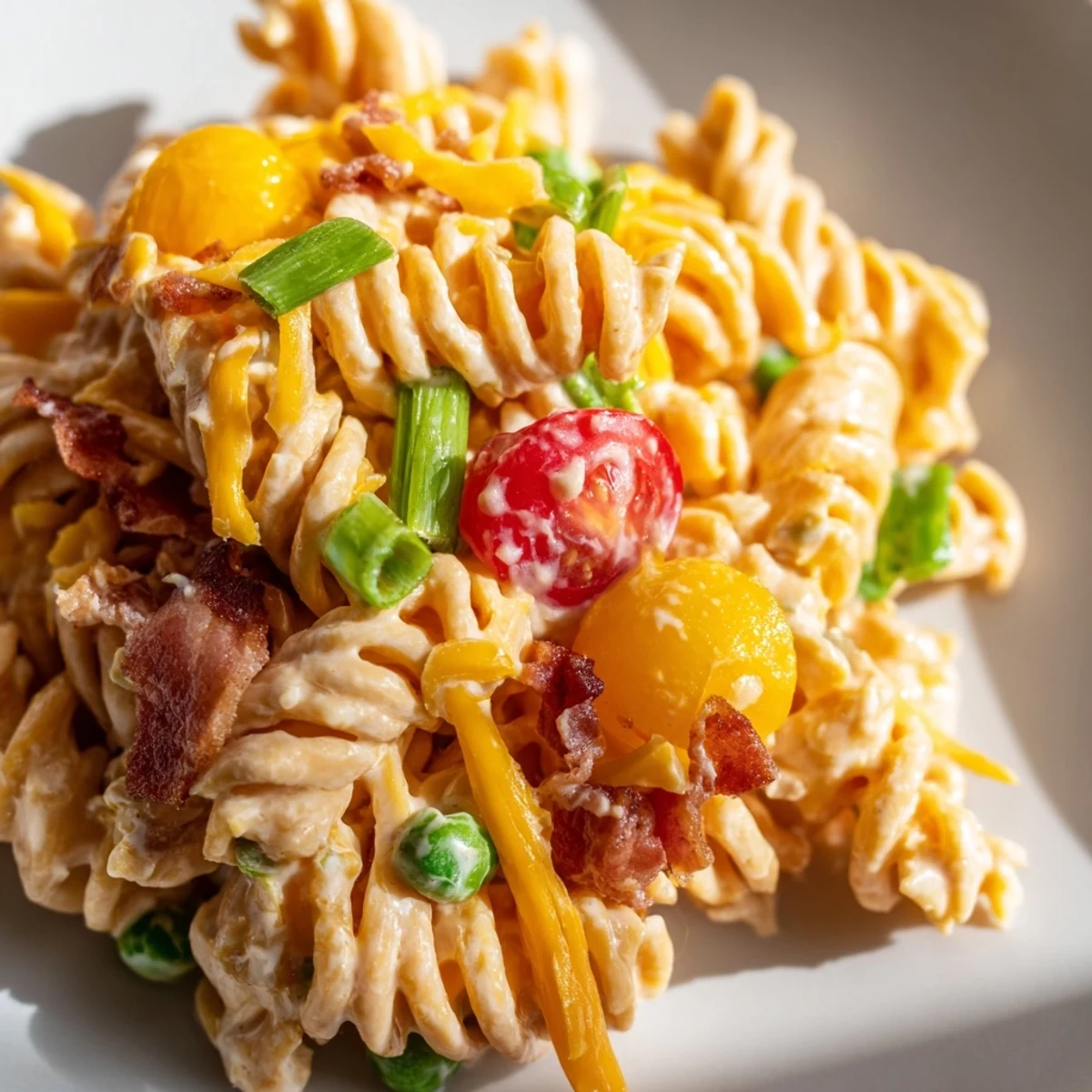 Creamy crack pasta salad topped with shredded cheddar and halved cherry tomatoes on a platter