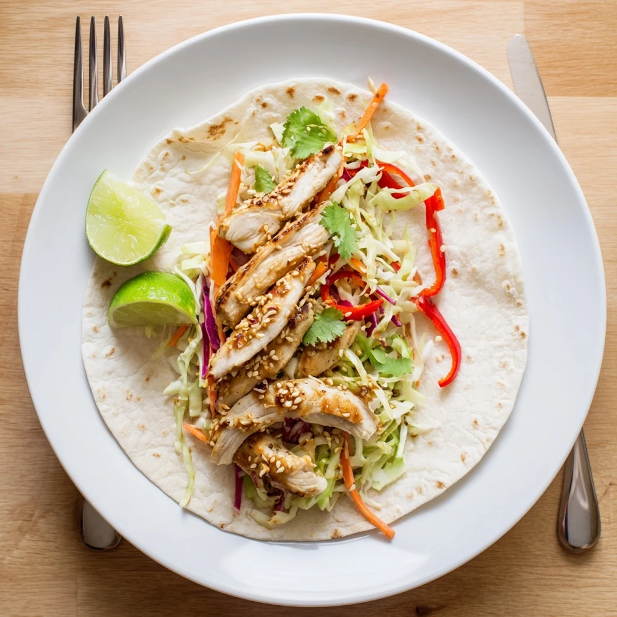 Juicy sliced chicken and crisp Asian slaw tucked inside a warm flour tortilla for Thai chicken wraps.