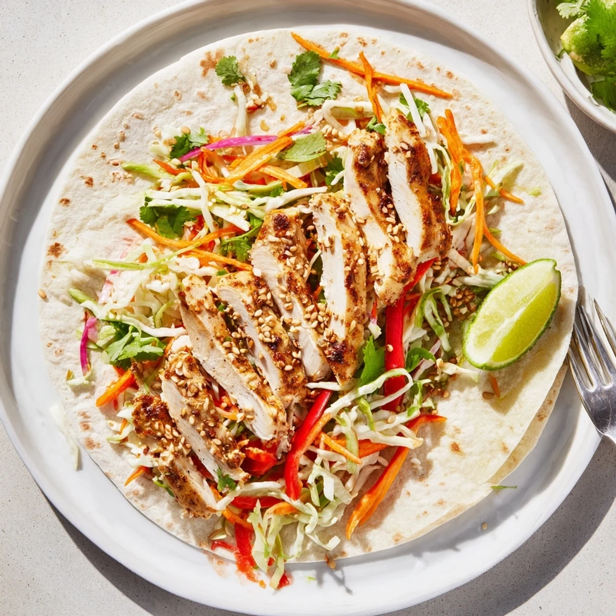 Soft tortilla rolled around marinated chicken, crunchy vegetables, and sesame seeds in these Thai chicken wraps.