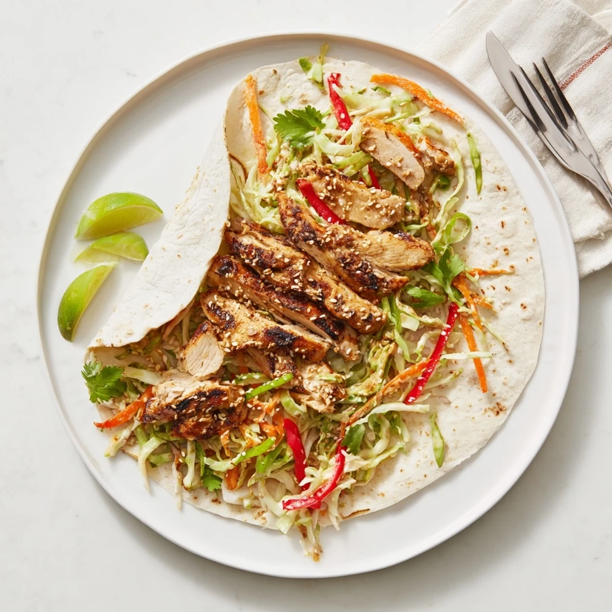 Golden charred chicken strips piled over tangy red and green cabbage slaw in Thai chicken wraps.