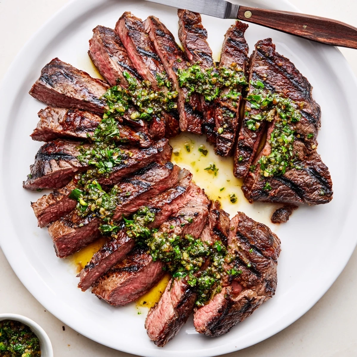 Chimichurri Steak Recipe pictured: sliced grilled ribeye glistening with herby sauce