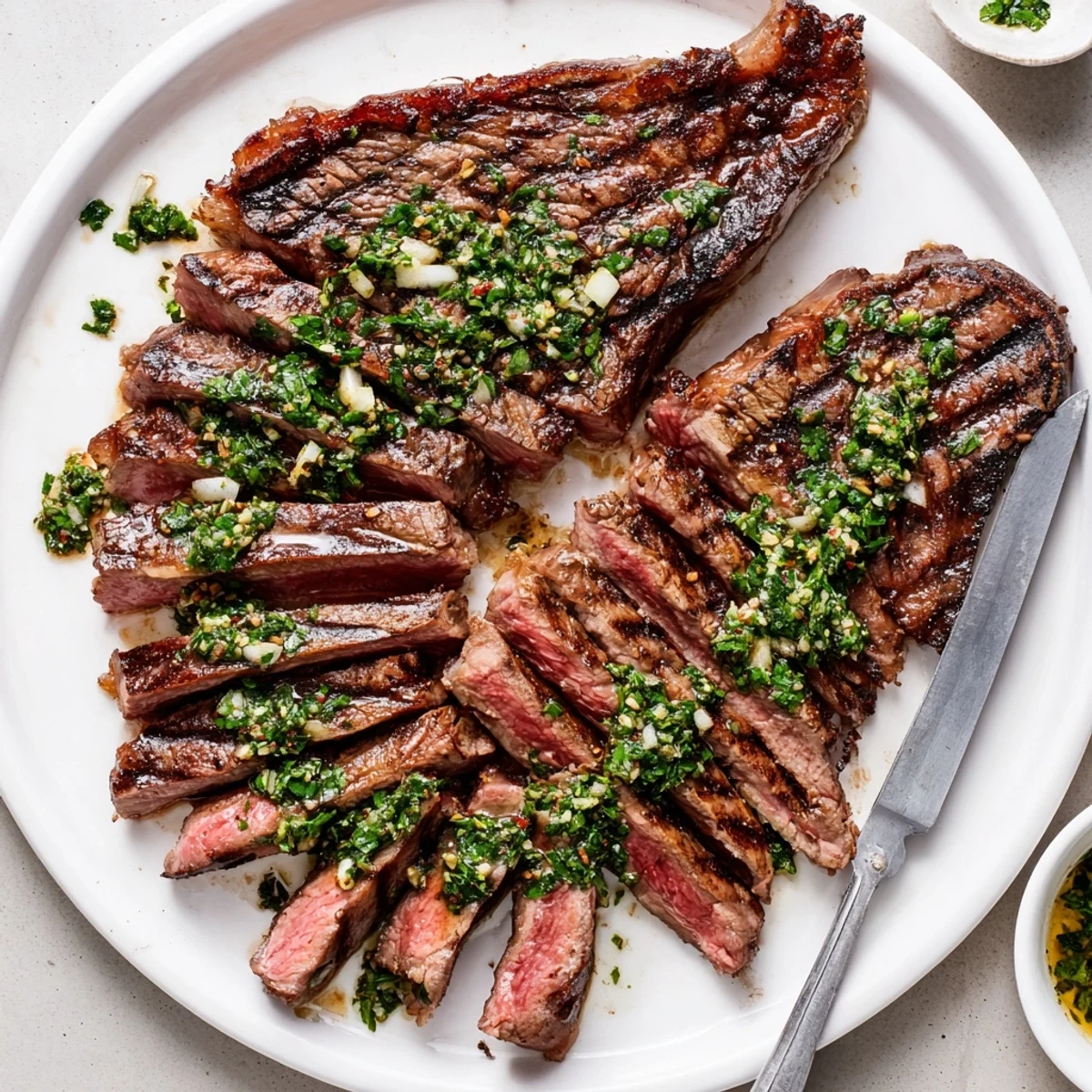 Family style Chimichurri Steak Recipe served with extra sauce, smoky grilled aroma