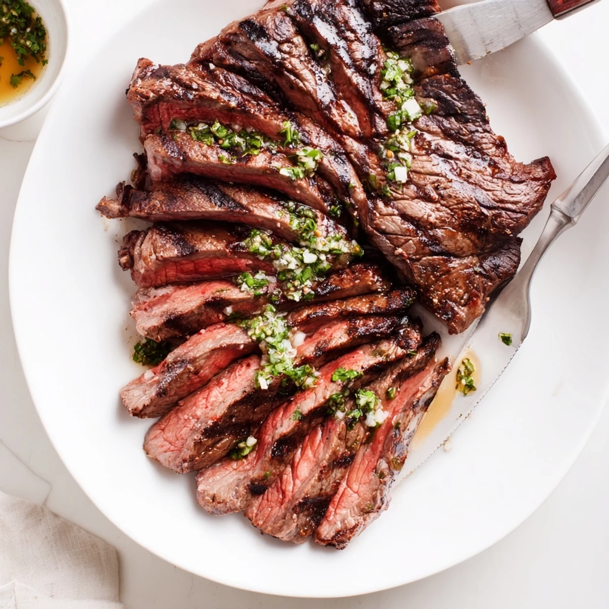 Bright Chimichurri Steak Recipe on platter, garlic herb sauce dripping over slices