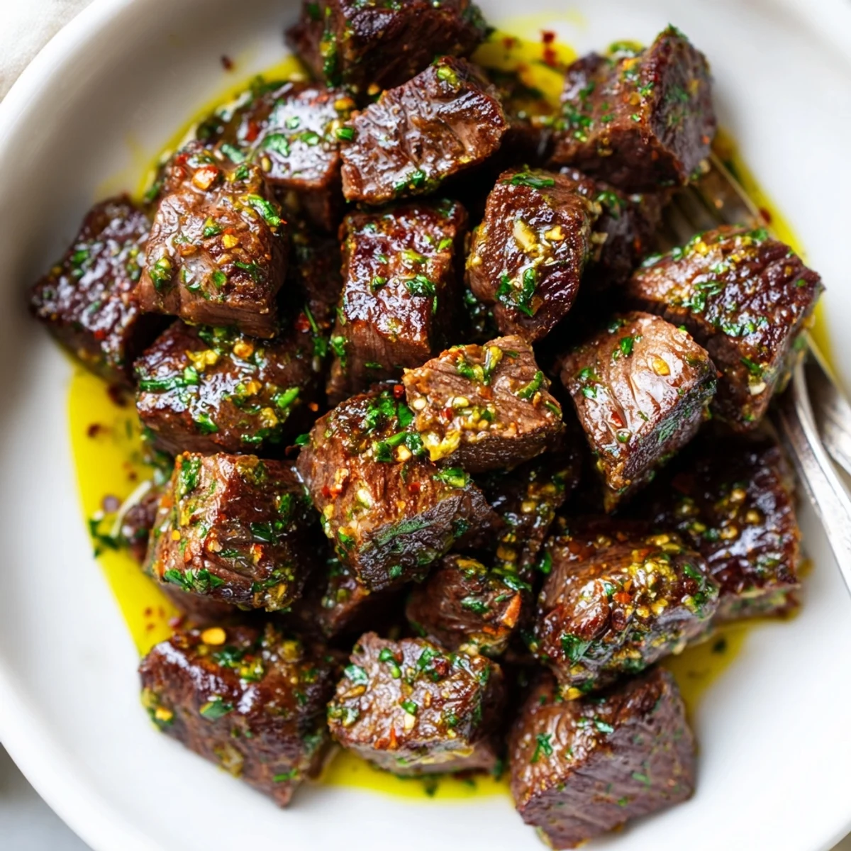 Cowboy Butter Steak Bites Recipe sizzling in skillet, buttery garlic and herb aroma.