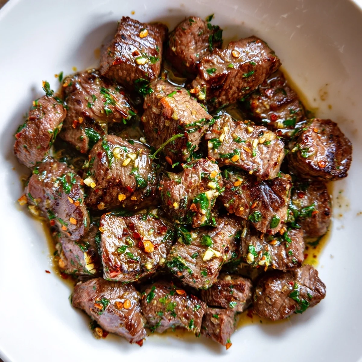 Plated Cowboy Butter Steak Bites Recipe garnished with fresh parsley, lemon.