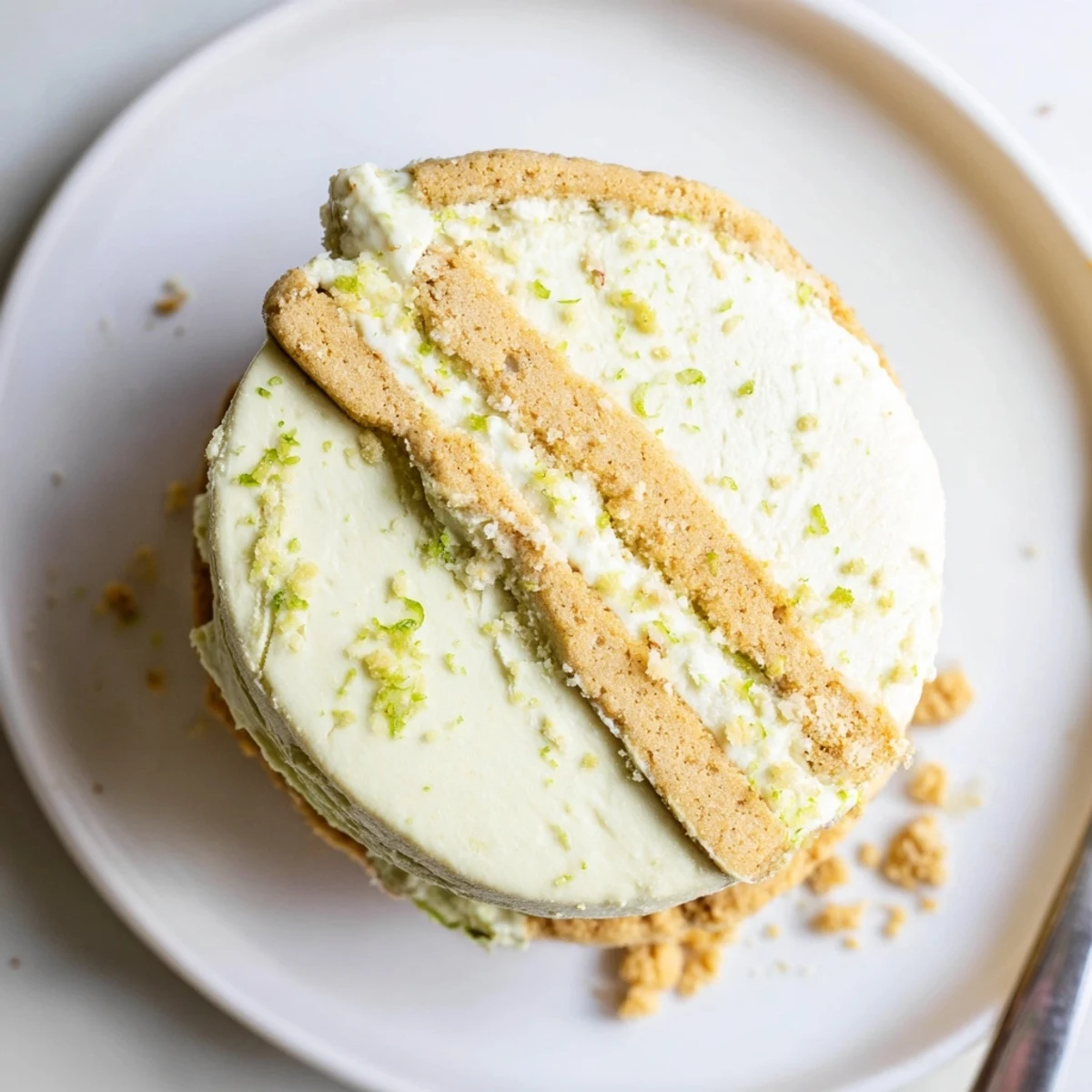Homemade Key Lime Pie Ice Cream Sandwiches layered between golden graham cookies.
