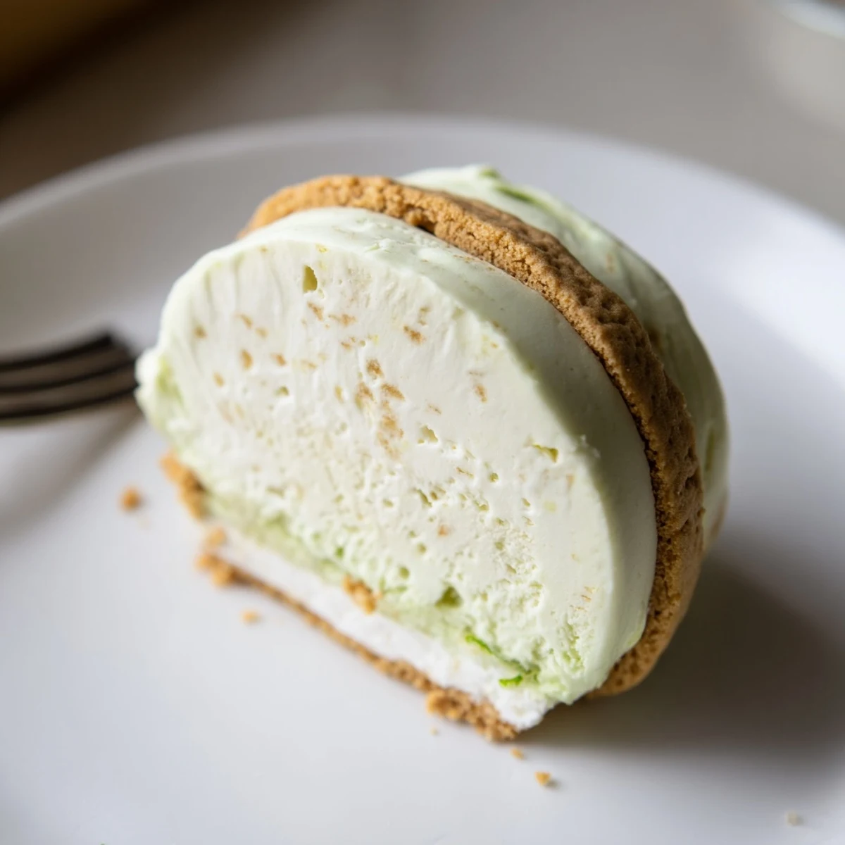 Key Lime Pie Ice Cream Sandwiches with zesty cream, crisp graham cookies, chilled.