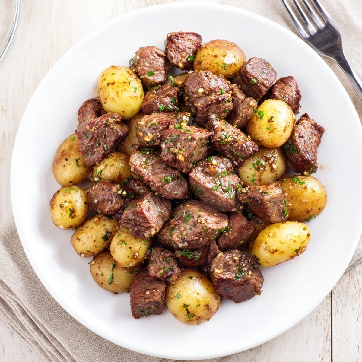 Tender steak cubes in Garlic Steak Bites and Potatoes Recipe tossed with butter.