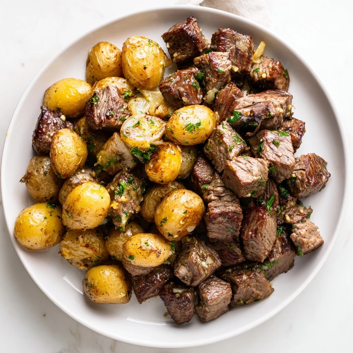 Skillet sizzling Garlic Steak Bites and Potatoes Recipe with golden crispy potatoes.