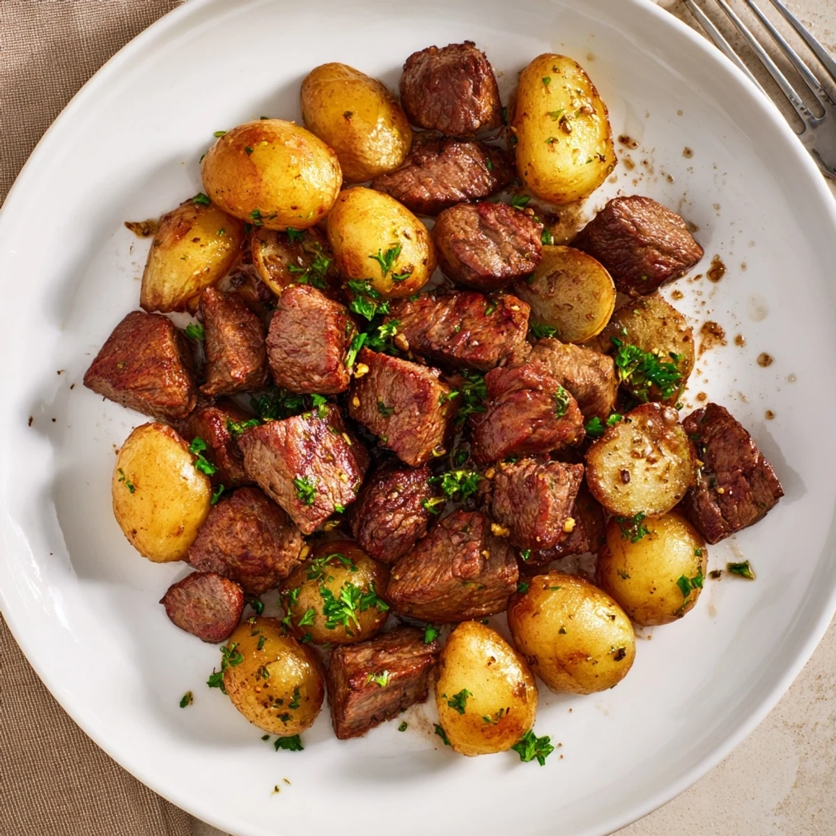 Weeknight-ready Garlic Steak Bites and Potatoes Recipe garnished with parsley lemon squeeze.