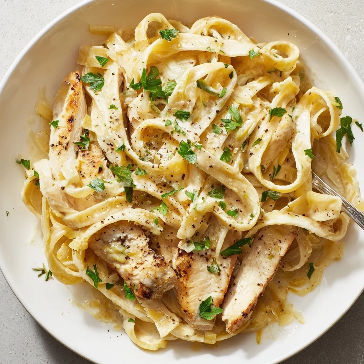 Creamy Garlic Chicken Pasta piled on plate, tender chicken and glossy sauce