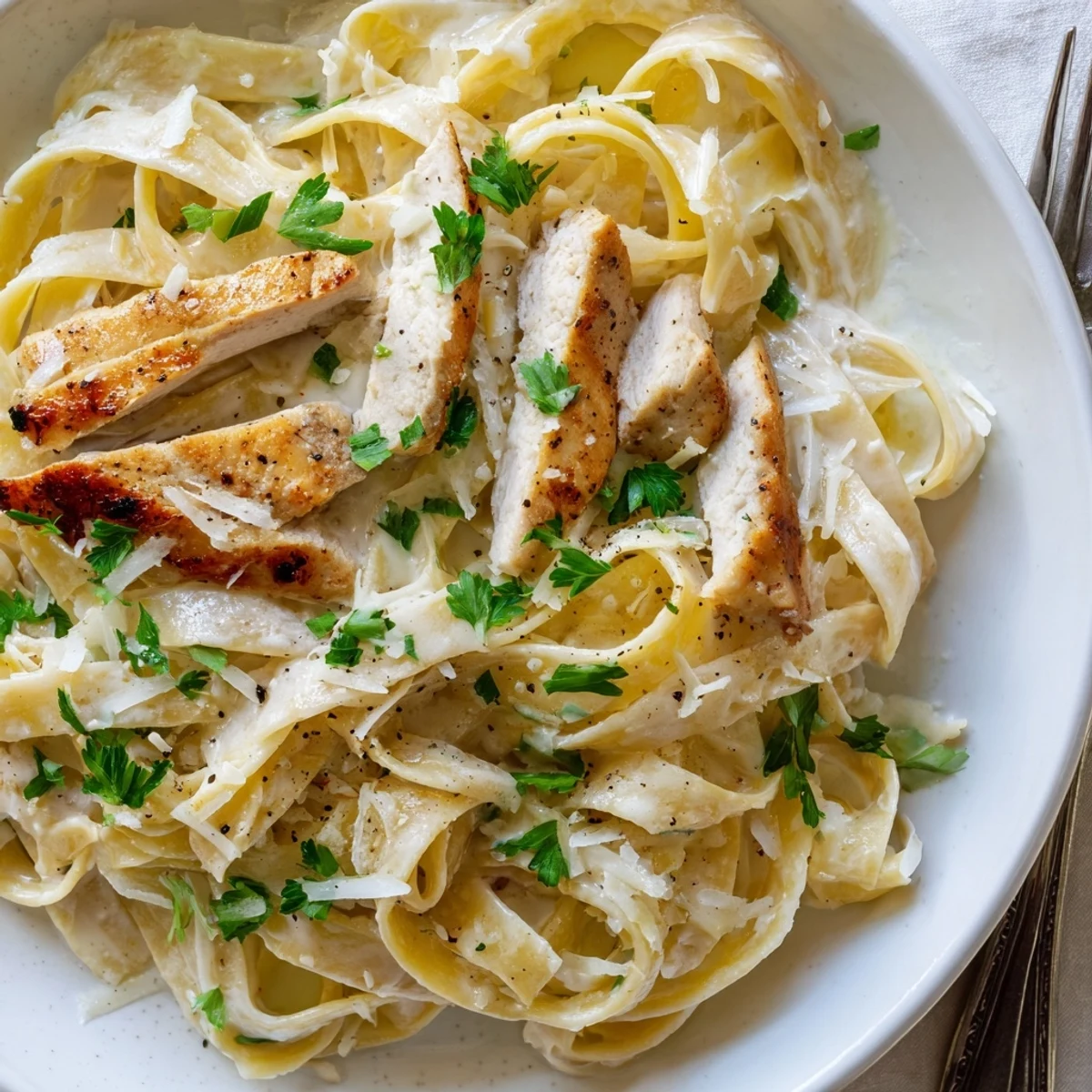 Sliced Creamy Garlic Chicken Pasta twirled with fork, sprinkled parsley and Parmesan