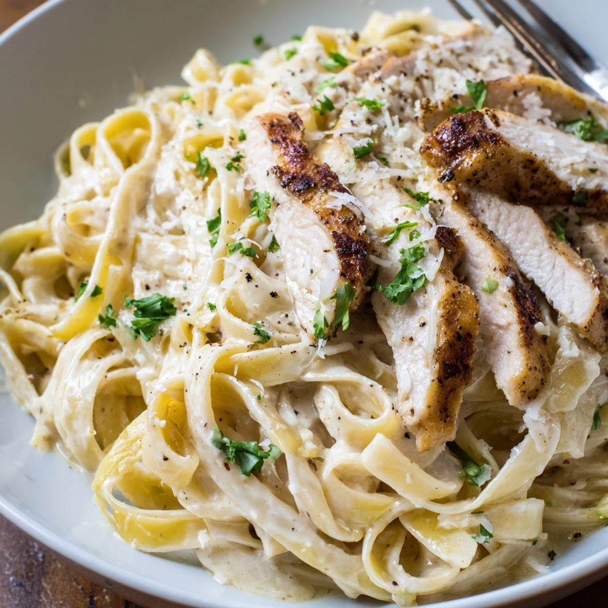 Creamy Garlic Chicken Pasta served family-style, warm steam and golden seared chicken