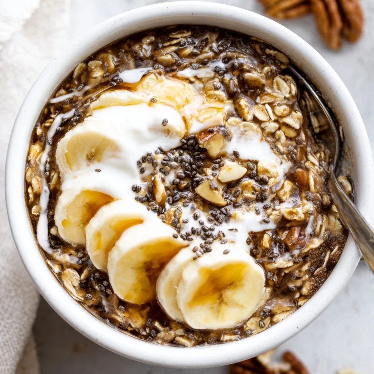 Jar of chilled Brown Sugar Coffee Overnight Oats, rich aroma, ready to eat