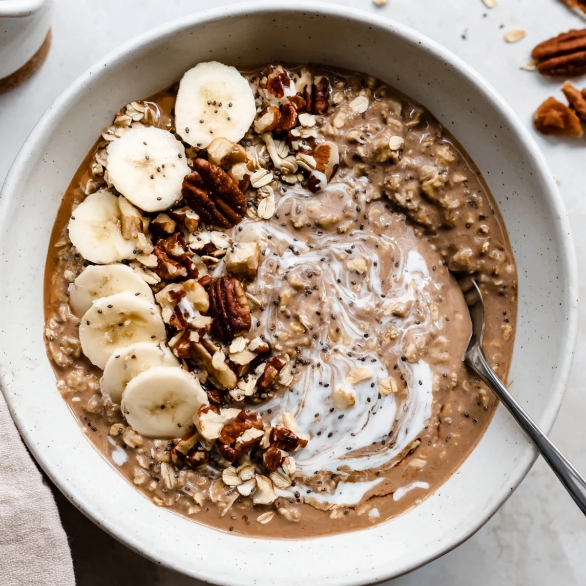 Velvety Brown Sugar Coffee Overnight Oats ready in morning, drizzled with maple syrup