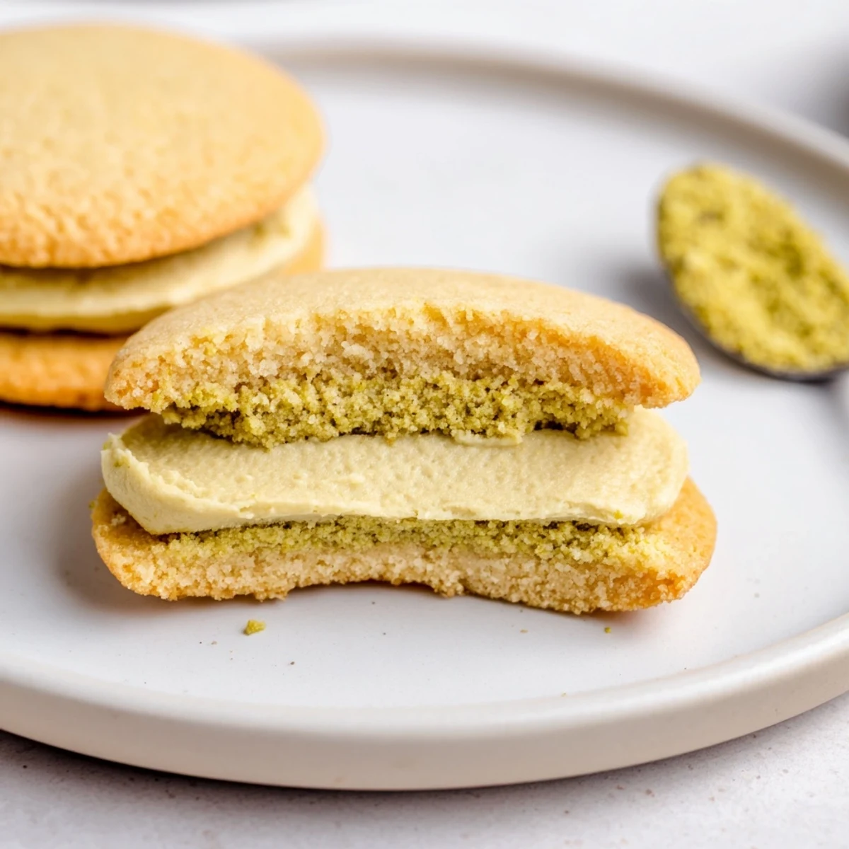 Pistachio Cream Cookies Recipe stacked as delicate sandwich cookies, creamy center visible.