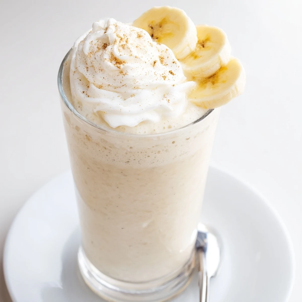 Creamy, frothy Vanilla Banana Shake in chilled glasses, garnished with banana slices