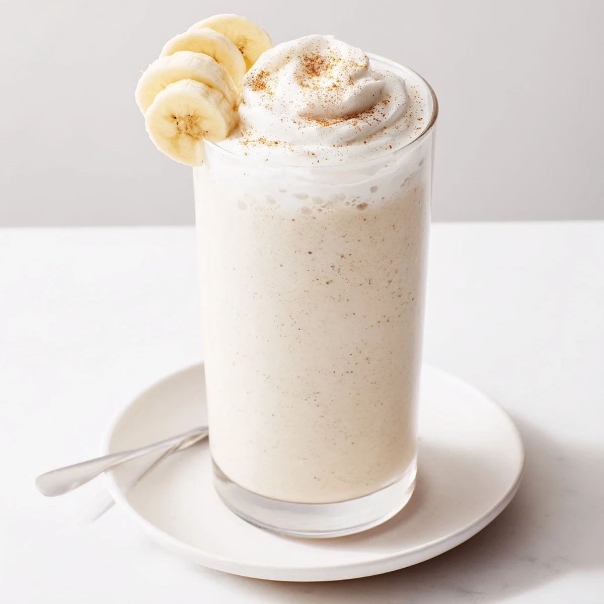 Refreshing morning Vanilla Banana Shake poured from blender, creamy and sweet