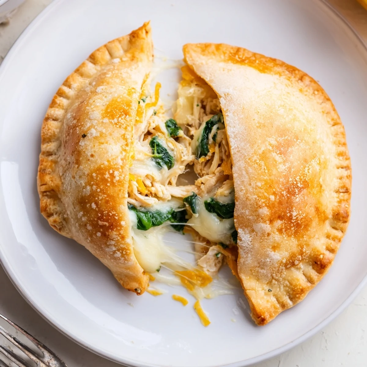 Golden Crispy Cheesy Chicken Alfredo Air Fryer Calzones oozing melted cheese