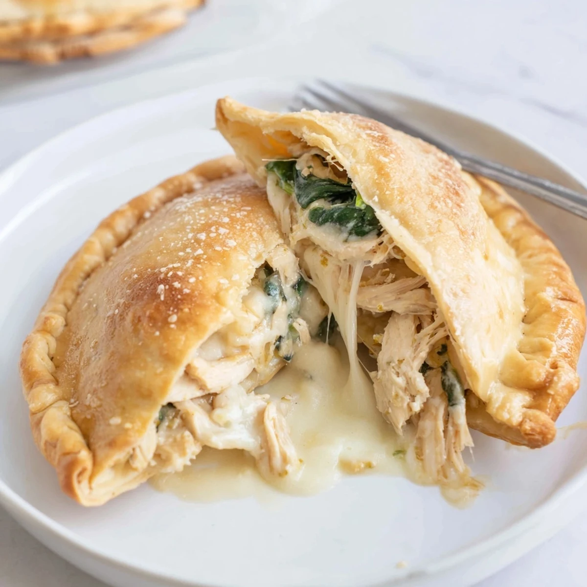 Sliced Crispy Cheesy Chicken Alfredo Air Fryer Calzones steaming, served with marinara dip