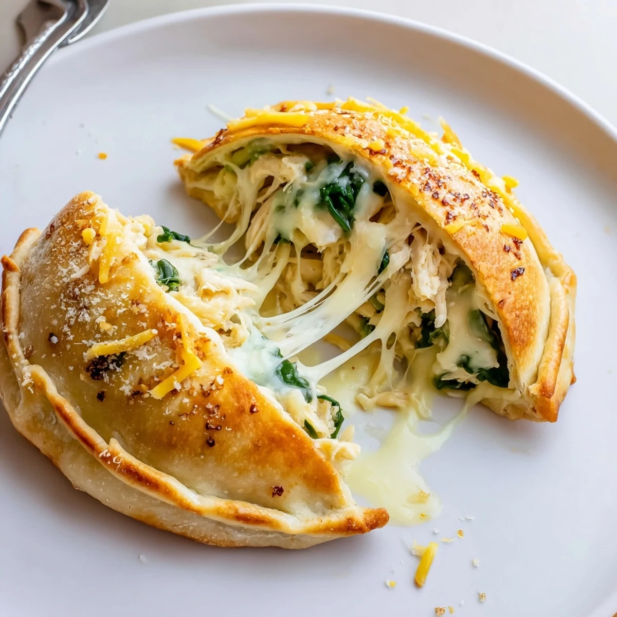 Fresh out of the basket, Crispy Cheesy Chicken Alfredo Air Fryer Calzones cooling