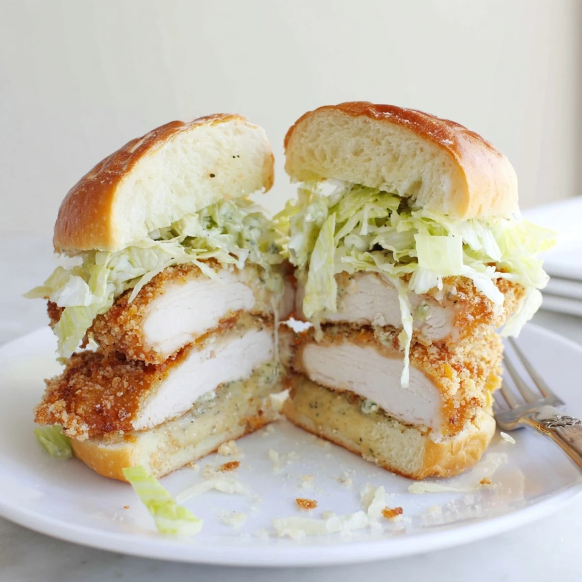 Crispy Chicken Caesar Sandwich Recipe showing golden fried chicken, creamy Caesar, toasted brioche