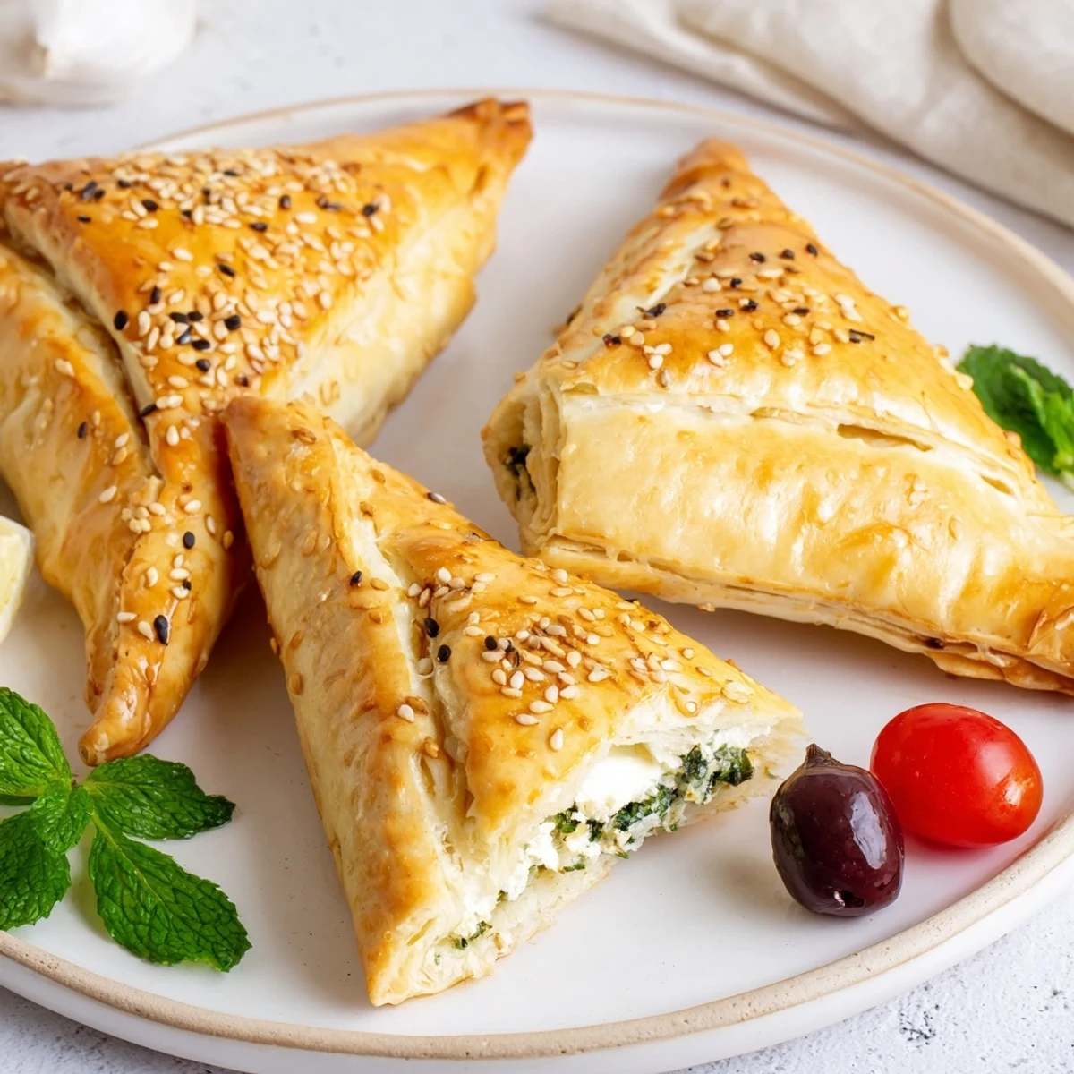 Cheese Fatayer Recipe plated with fresh mint and olives for mezze
