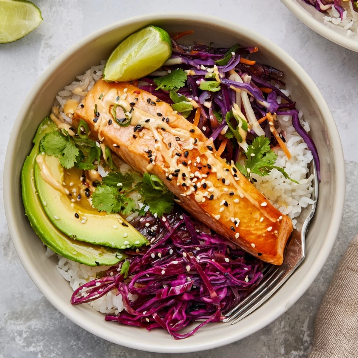 Bright Bang Bang Salmon Bowls Recipe topped with sesame, scallions, lime wedges