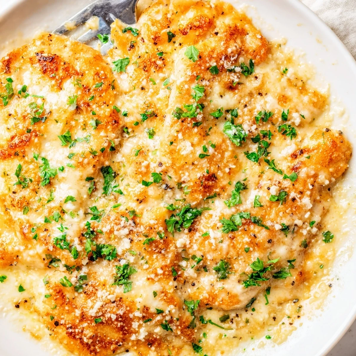 Oven-baked Caesar Chicken Recipe soaking in creamy dressing, paired with roasted vegetables.
