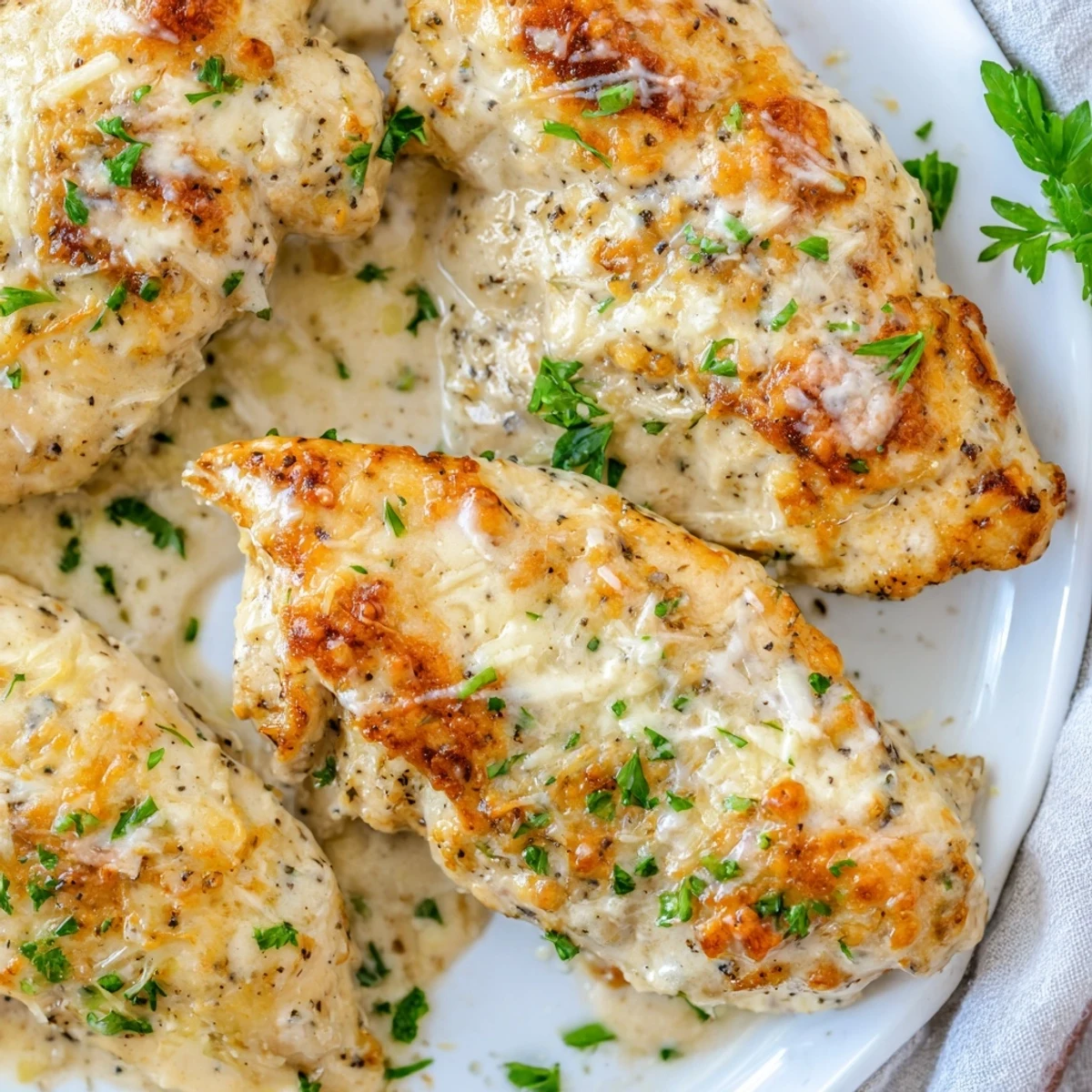 Warm Caesar Chicken Recipe topped with melted parmesan, garnished with fresh parsley.