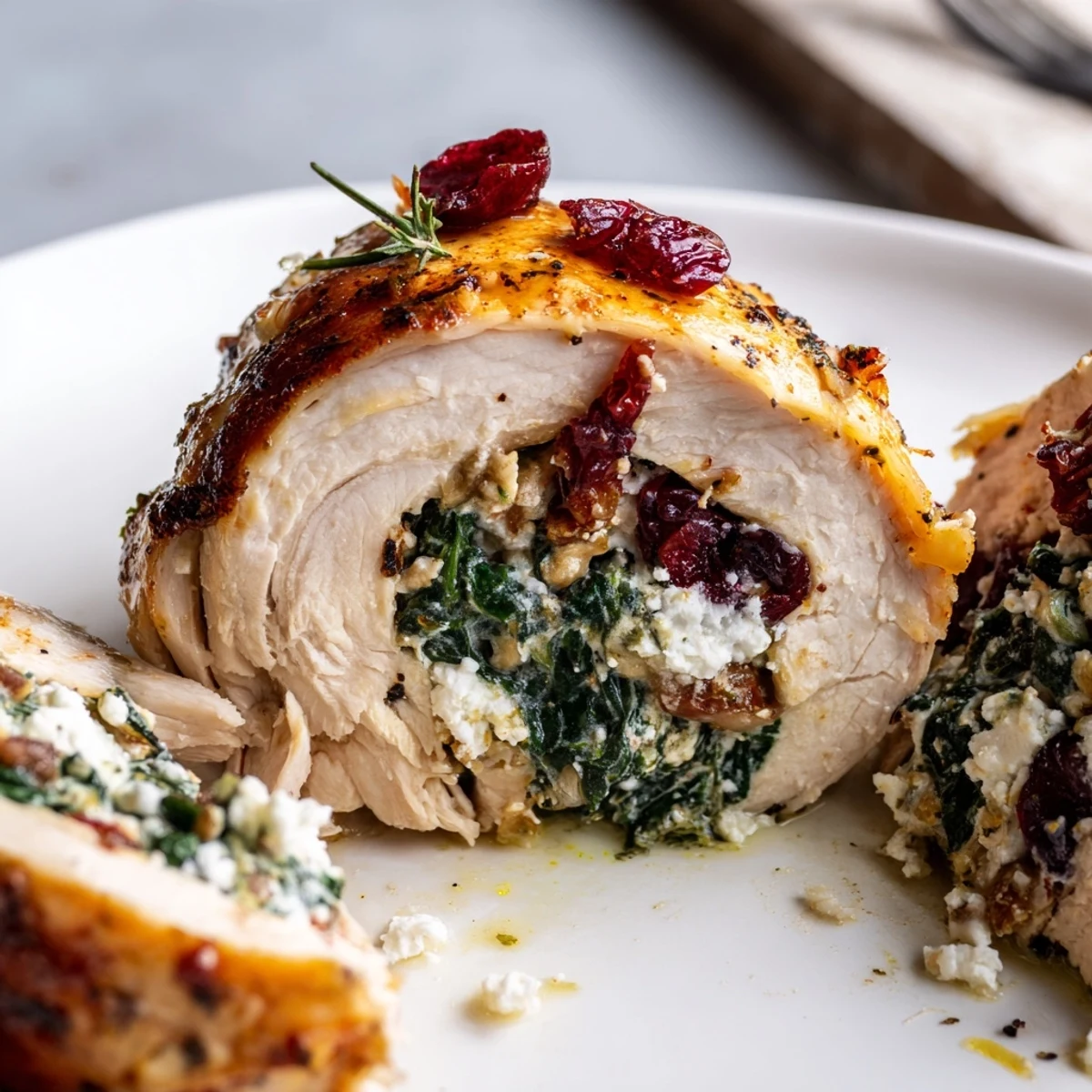 Oven-browned Cranberry Spinach Stuffed Chicken Breasts glisten with melted cheese