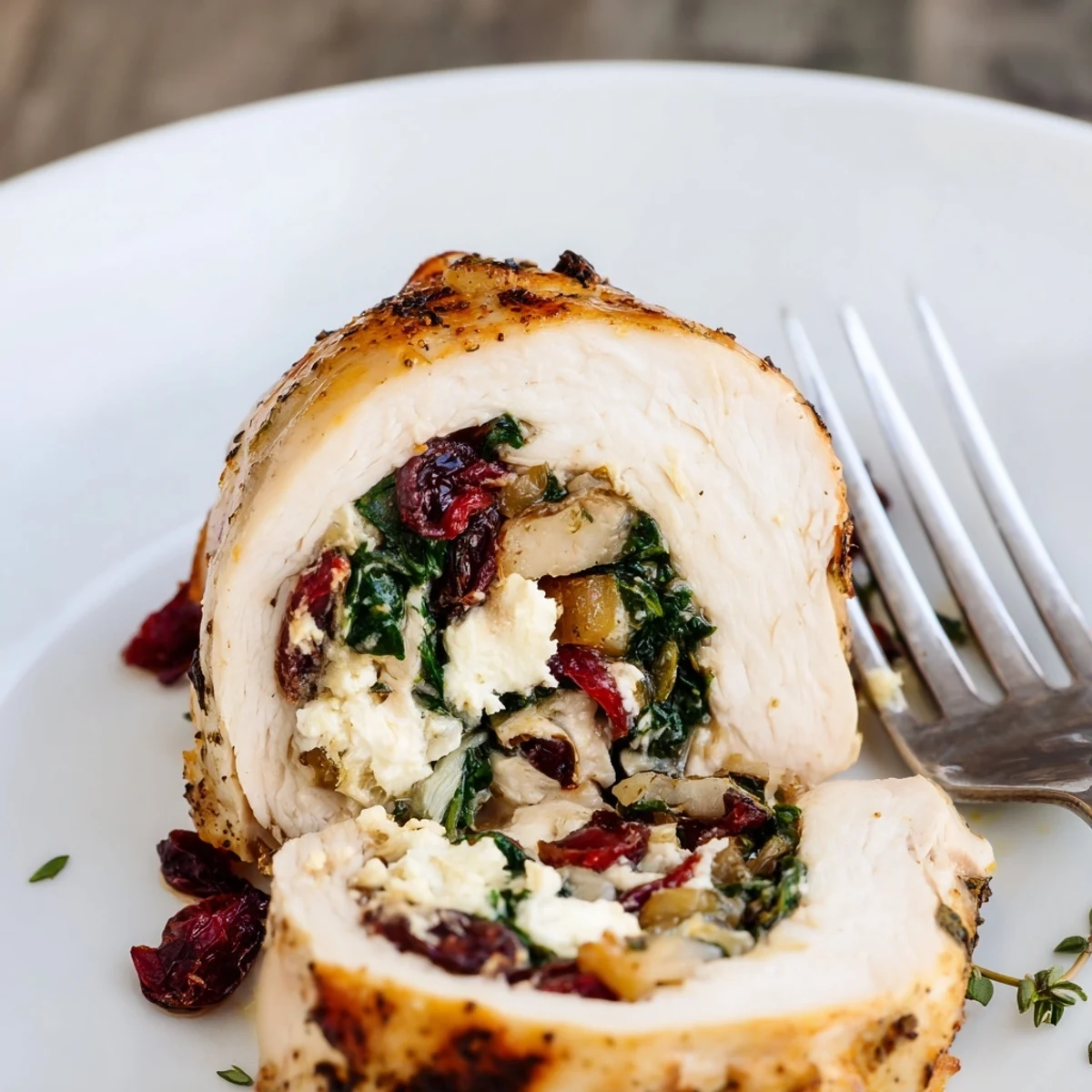 Sliced to show creamy filling, Cranberry Spinach Stuffed Chicken Breasts bursting with tart cranberries