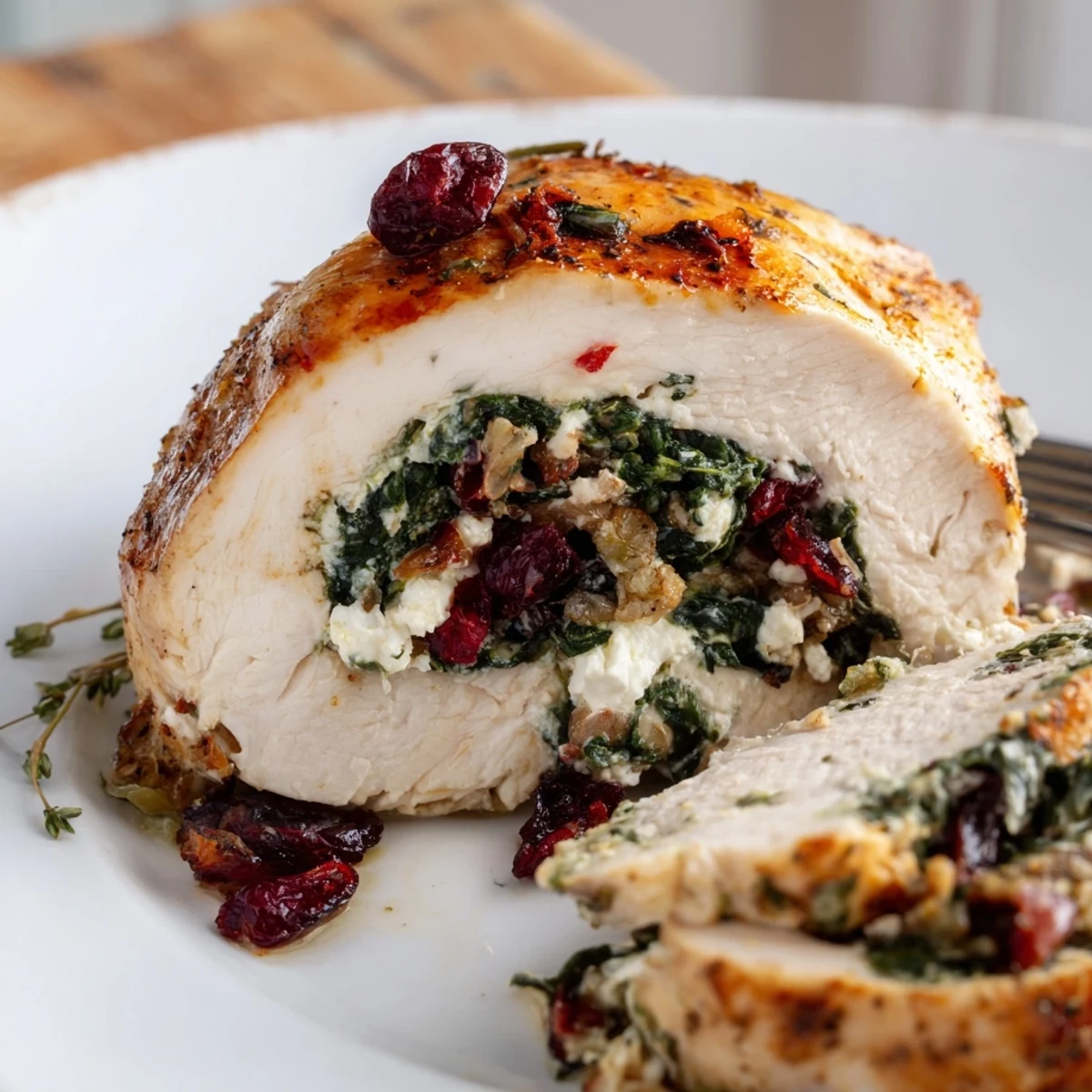 Cranberry Spinach Stuffed Chicken Breasts plated beside roasted vegetables, fragrant and juicy