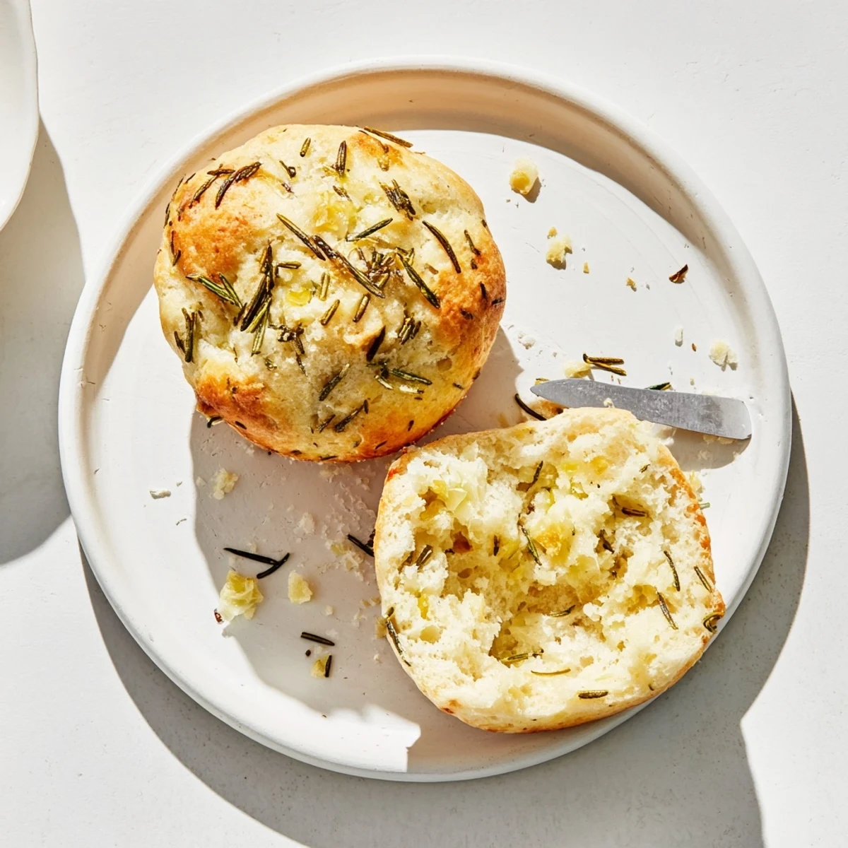 Fresh baked Garlic Rosemary Focaccia Muffins served warm beside soup and salad