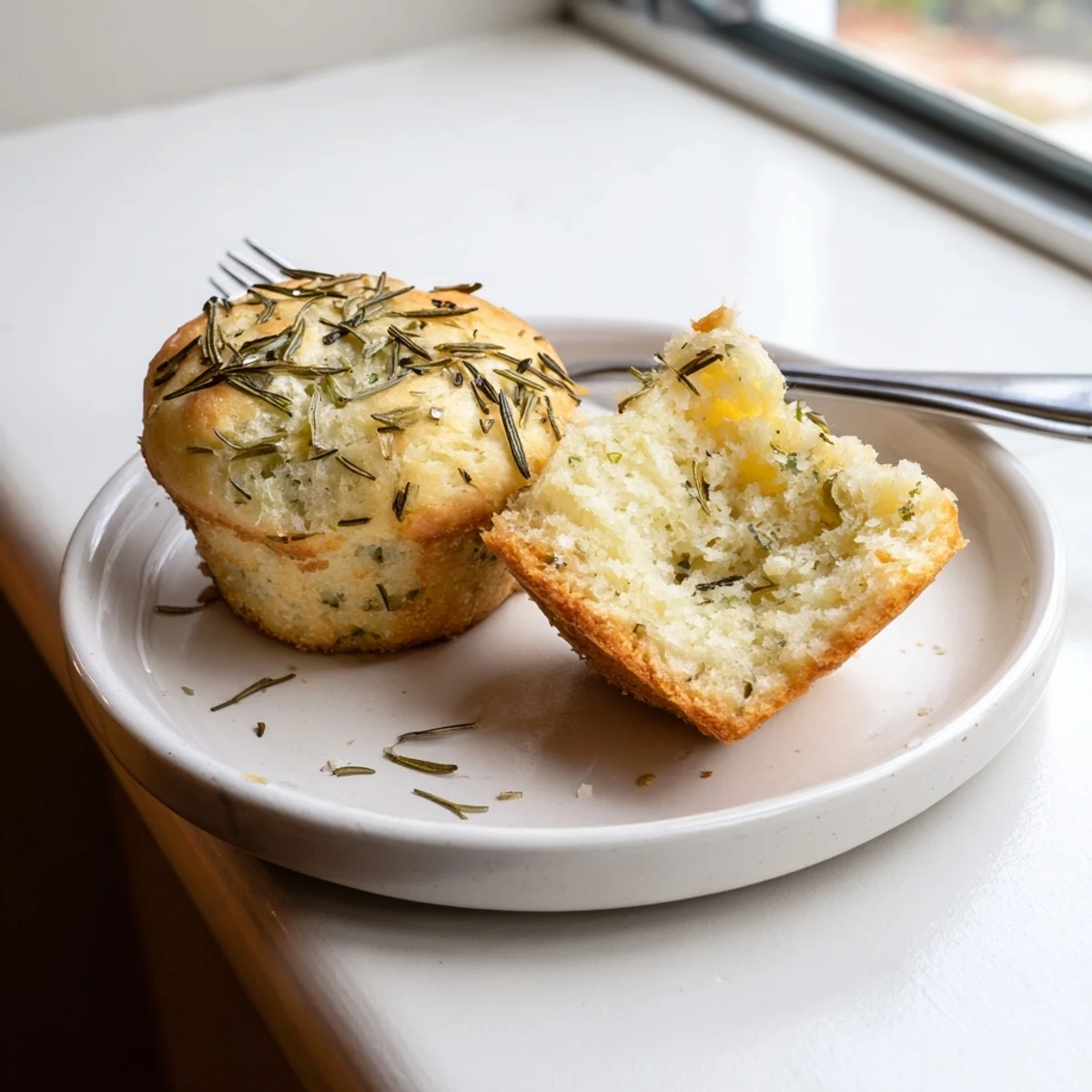 Soft, airy Garlic Rosemary Focaccia Muffins topped with flaky sea salt, roasted garlic