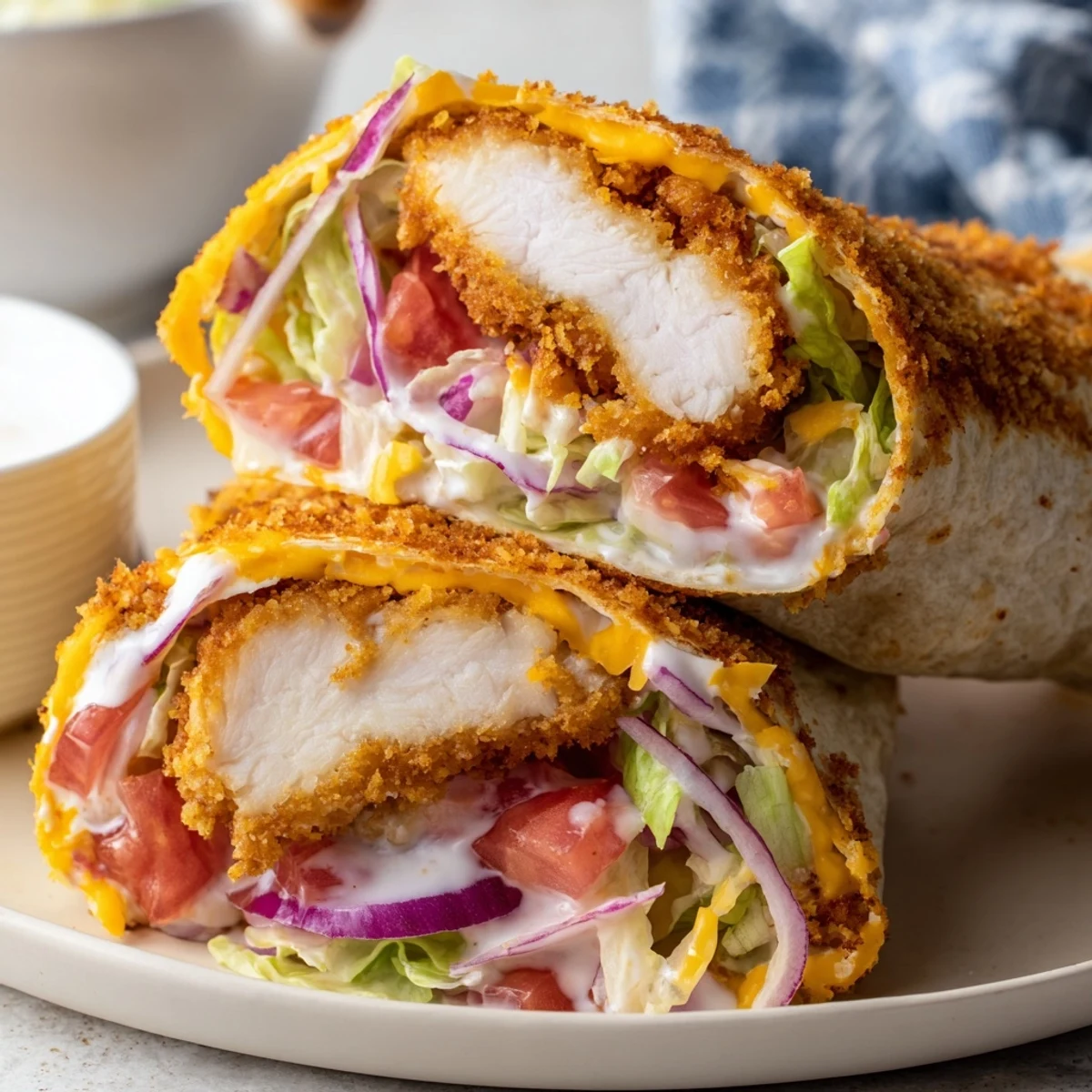 Plate of shredded lettuce, cheddar, and a Crispy Chicken Ranch Wrap.