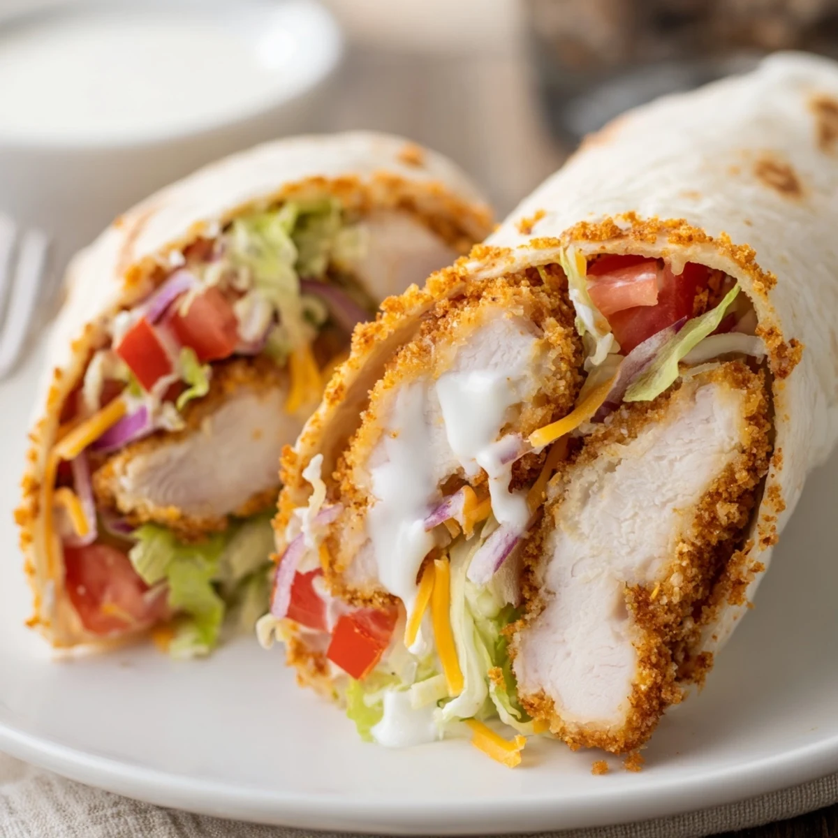 Crispy Chicken Ranch Wrap sliced in half, golden chicken, creamy ranch drizzle.